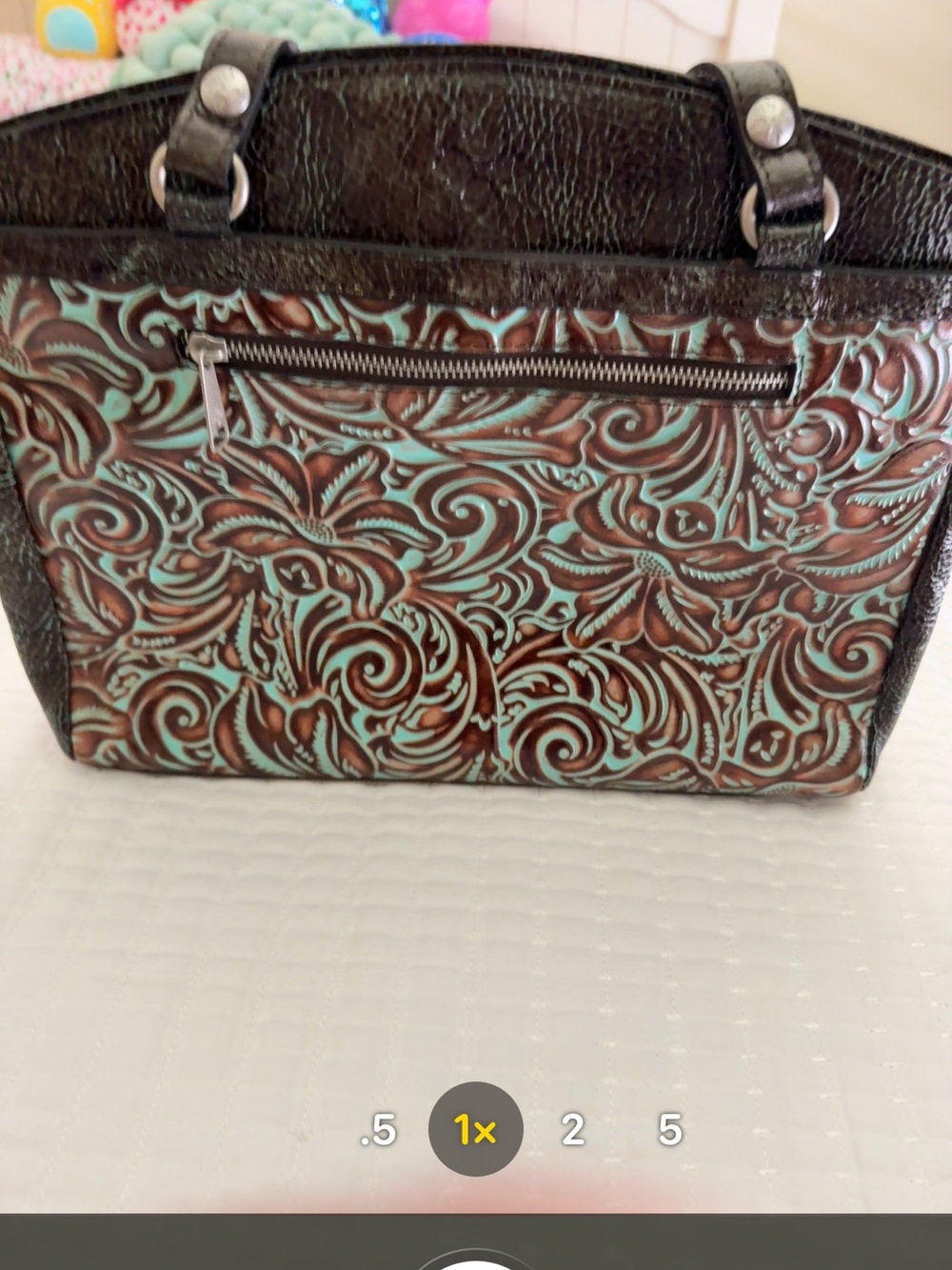Embossed Floral Leather Satchel Handbag - Turquoise & Brown